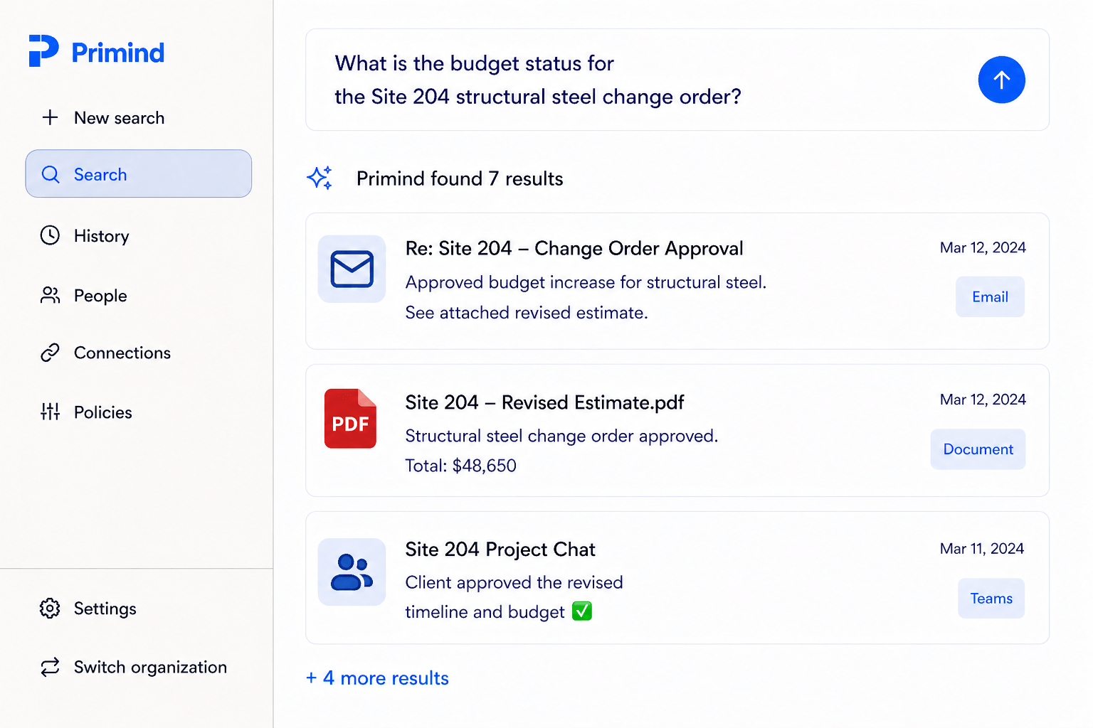 Primind showing a question and sourced company results
